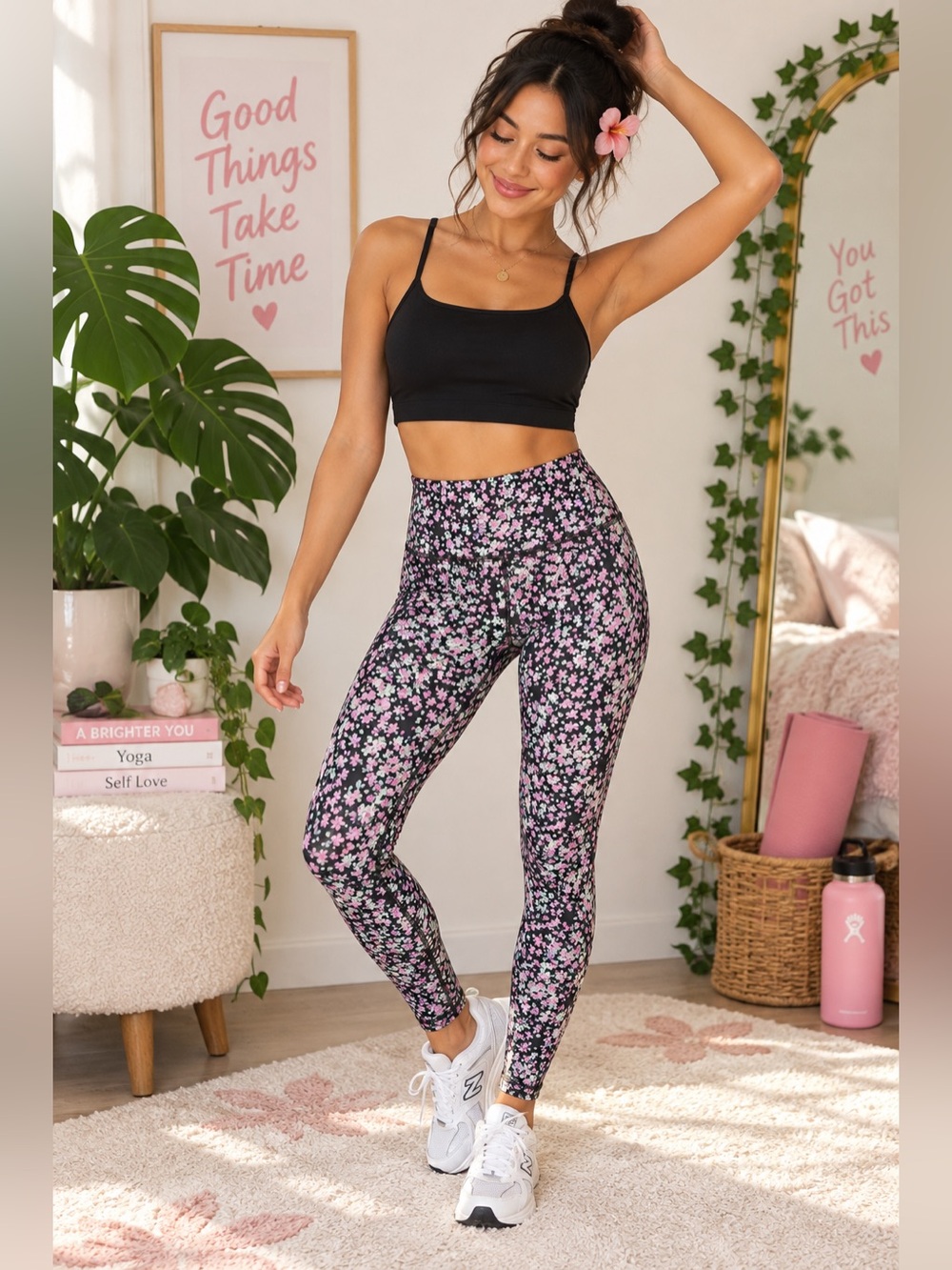 SAGE Collective Floral High Rise Leggings Black Pink Green Size M